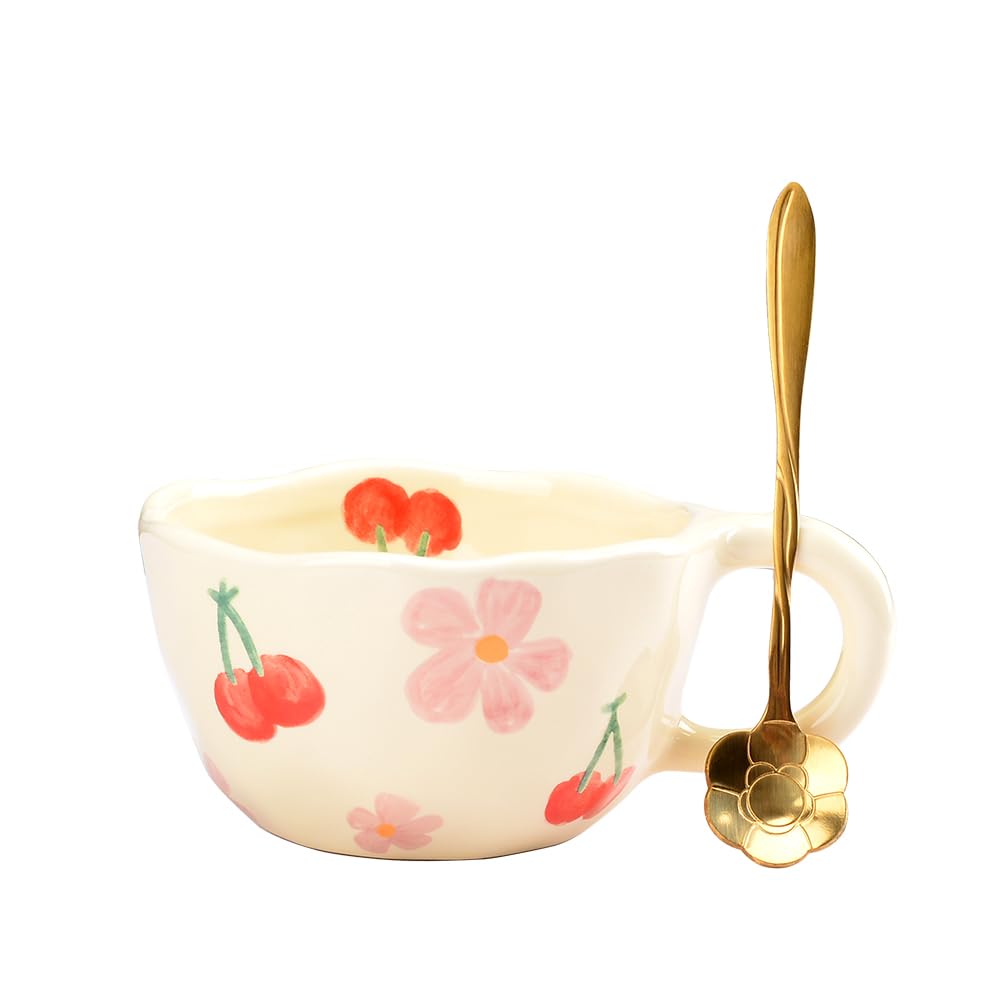 Taza con flores y cerezas – Acompañada de cucharilla floral