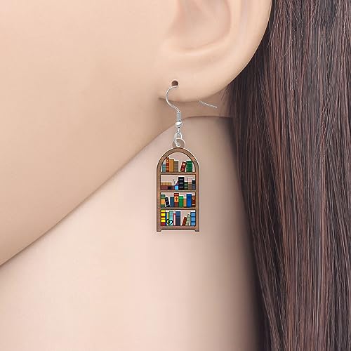 LONYOO Acrílico Pendientes Libro Colgante Joyería Divertido Estantería de Libros Volver a la Escuela Regalos para Profesores Mujer Niña Niños Charms (Estantería)