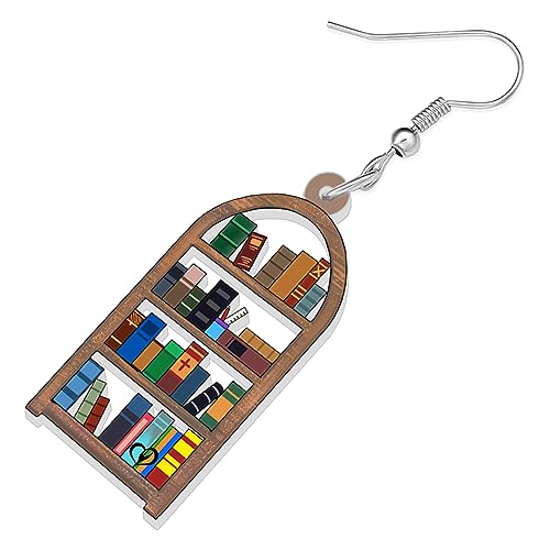 LONYOO Acrílico Pendientes Libro Colgante Joyería Divertido Estantería de Libros Volver a la Escuela Regalos para Profesores Mujer Niña Niños Charms (Estantería)