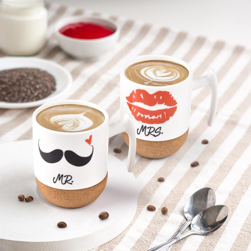 Set de tazas Mr. & Mrs. – Amor y café con base de corcho
