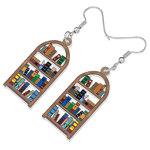 LONYOO Acrílico Pendientes Libro Colgante Joyería Divertido Estantería de Libros Volver a la Escuela Regalos para Profesores Mujer Niña Niños Charms (Estantería)