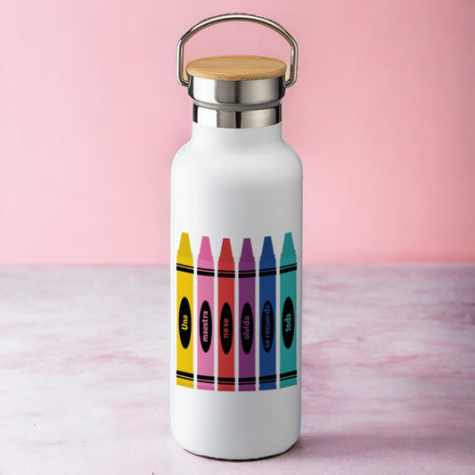 Crayones en marcha – Botella térmica colorida para profes creativos