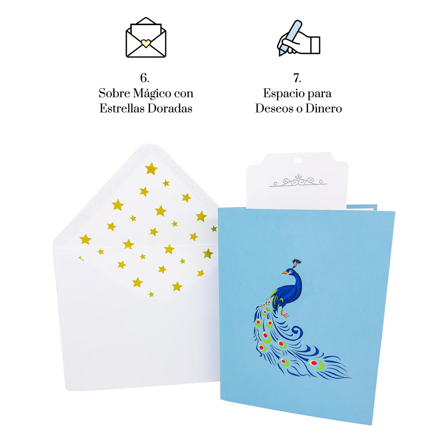 Tarjeta pavo real 3D – Orgullo, plumas y mensaje