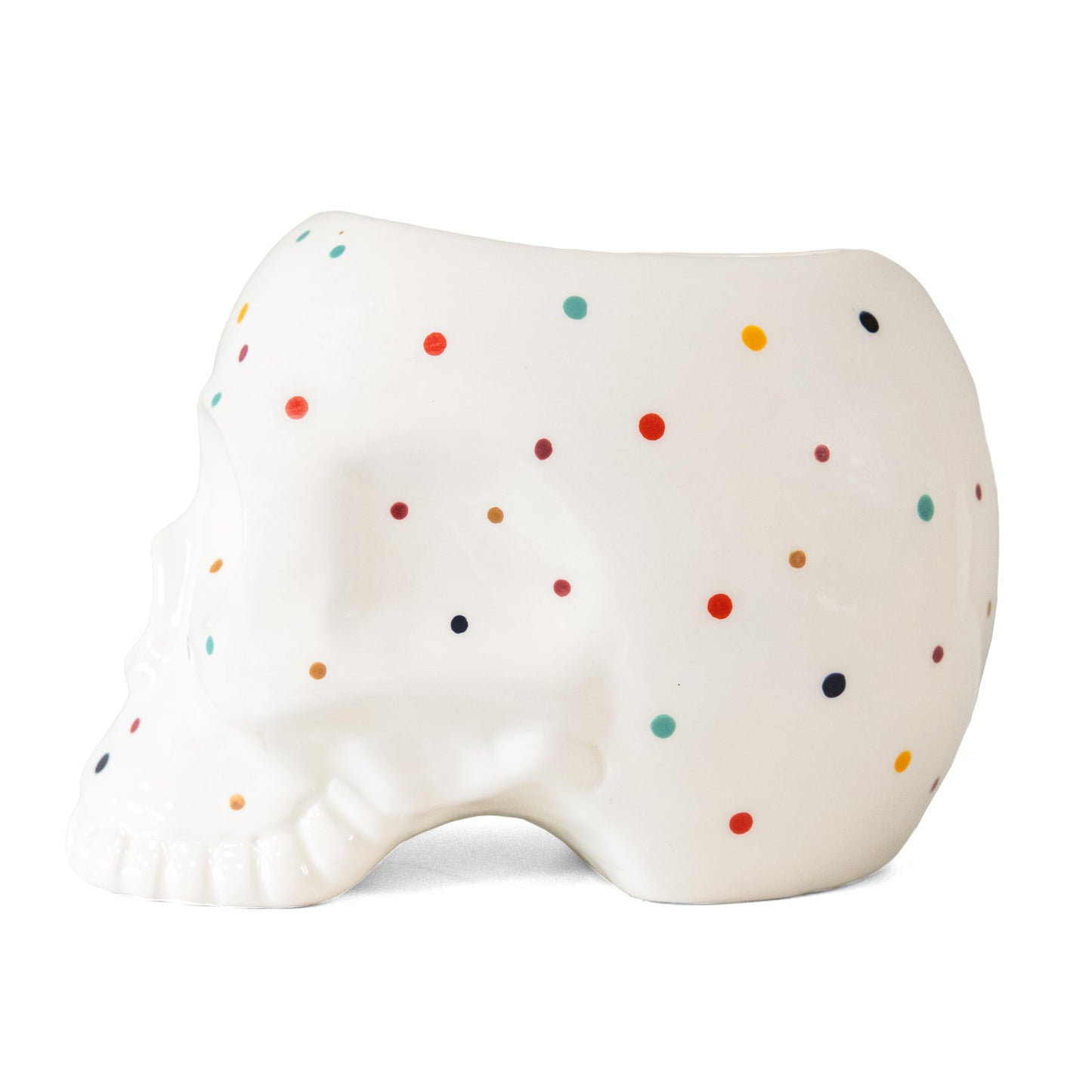 Macetero calavera con lunares de colores – Misterio y vida para tus plantas
