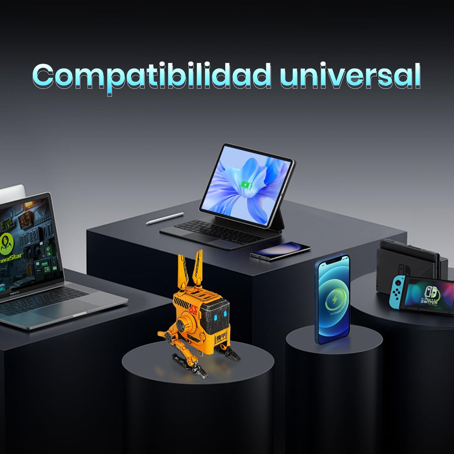 Cargador robot 65W – Diseño sci-fi con triple conexión y carga rápida