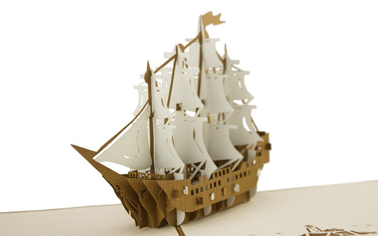 Tarjeta 3D con velero artesanal – Tu viaje comienza aquí