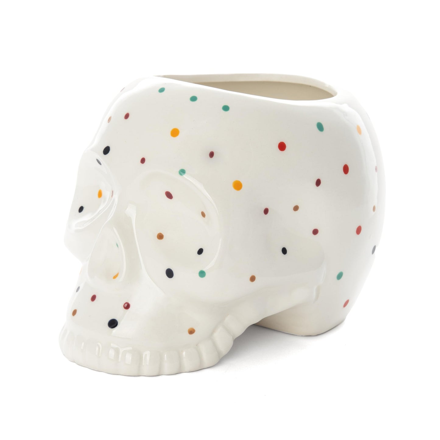 Macetero calavera con lunares de colores – Misterio y vida para tus plantas