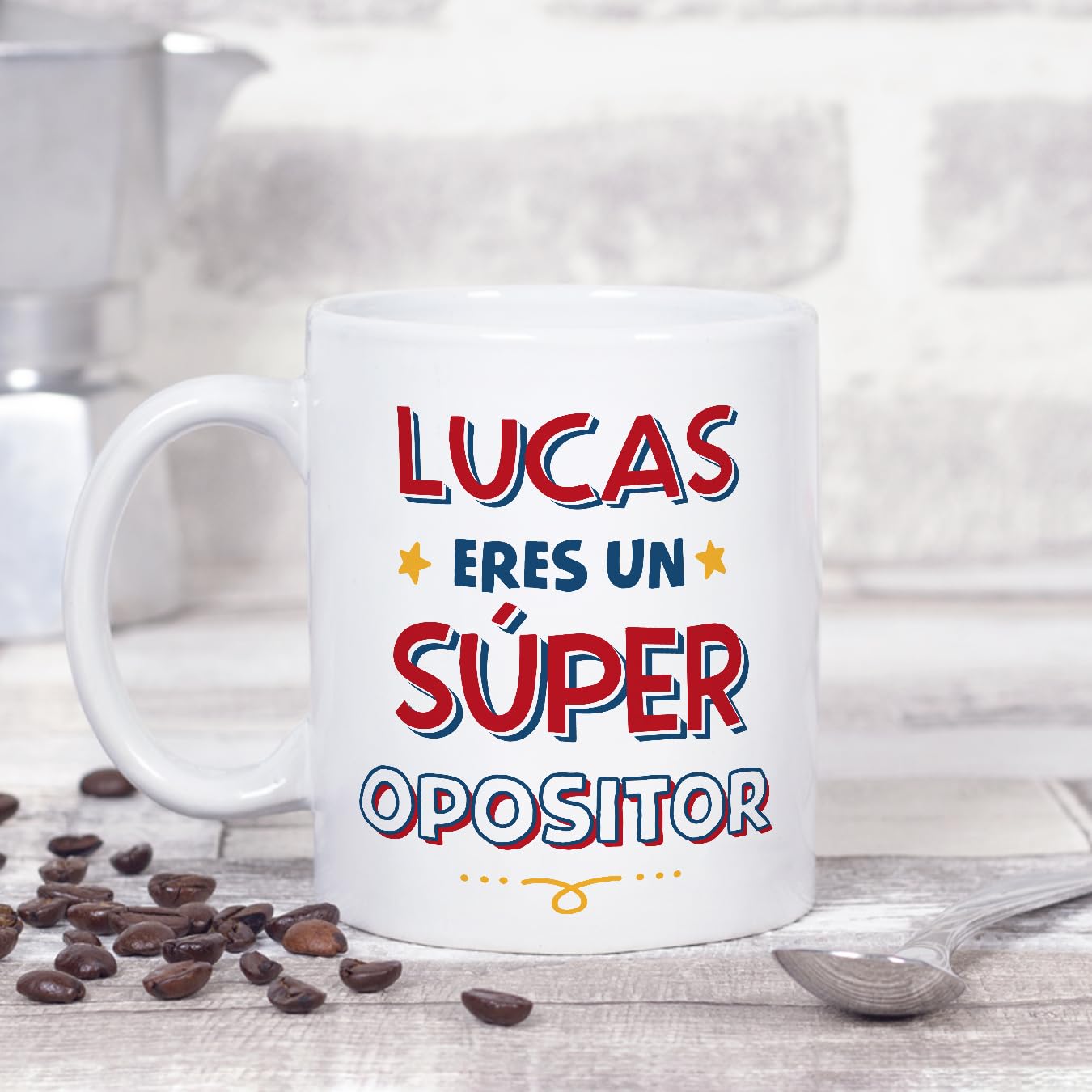 Taza nombre opositor – Personalización con mucho estrés