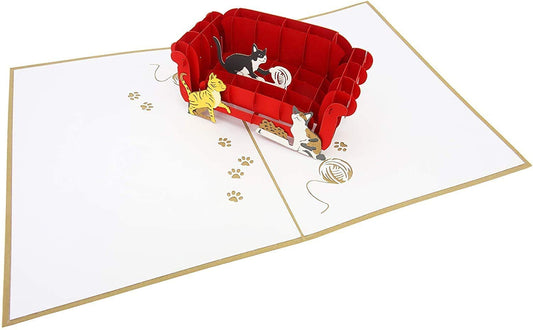 Tarjeta pop-up gatos en sofá – Una sorpresa que maulla