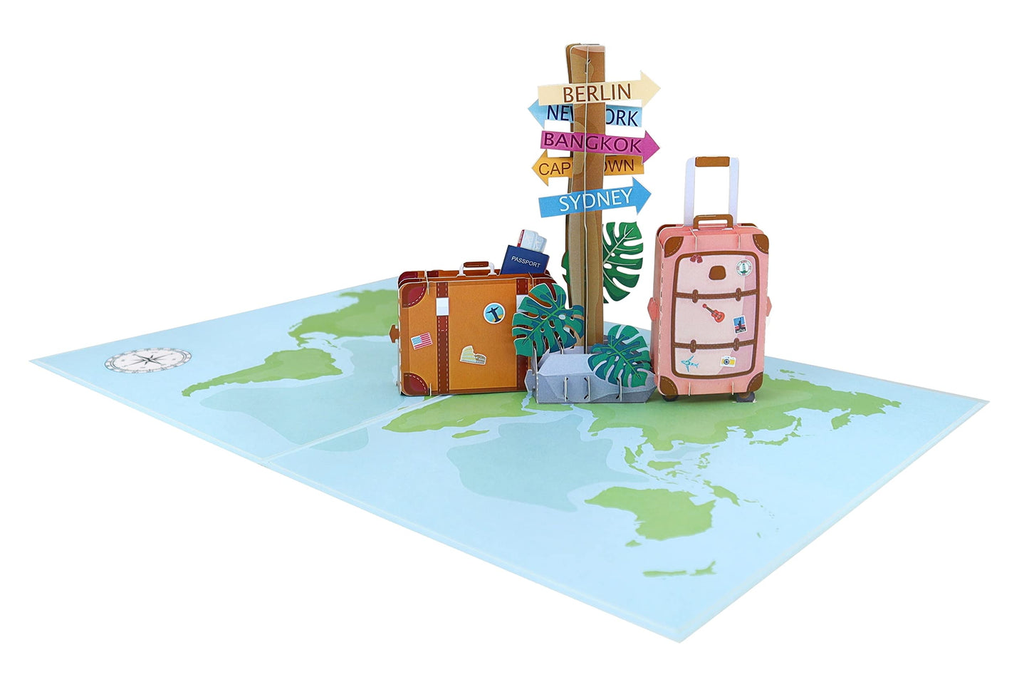 Tarjeta 3D con maletas y brújula – El mapa del mundo empieza contigo