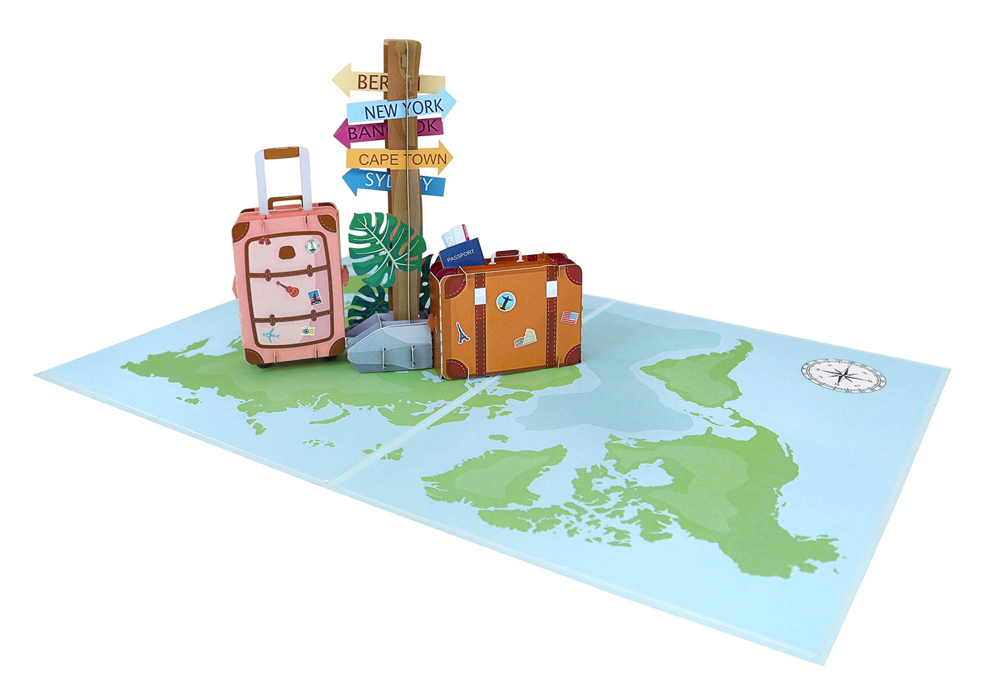 Tarjeta 3D con maletas y brújula – El mapa del mundo empieza contigo