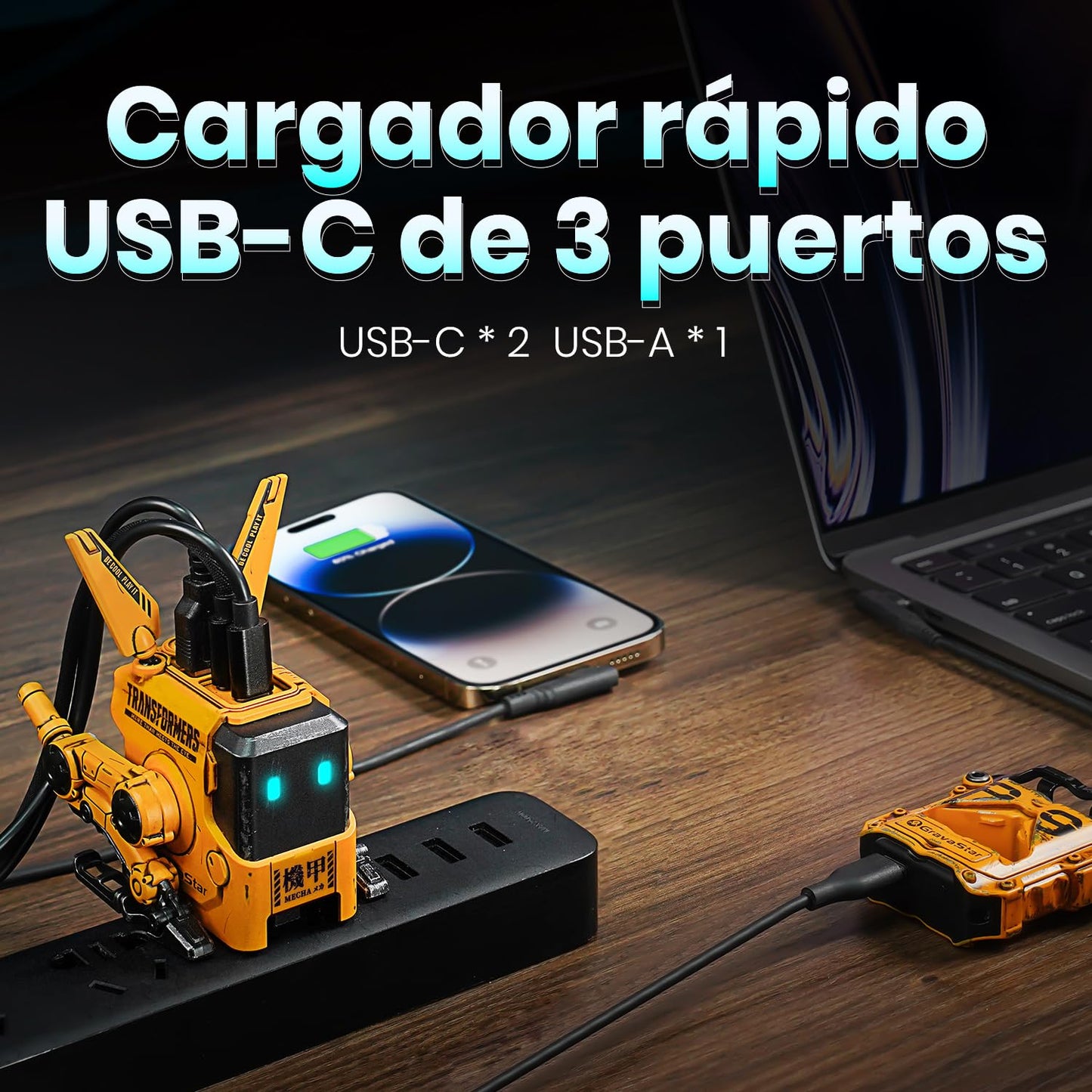 Cargador robot 65W – Diseño sci-fi con triple conexión y carga rápida