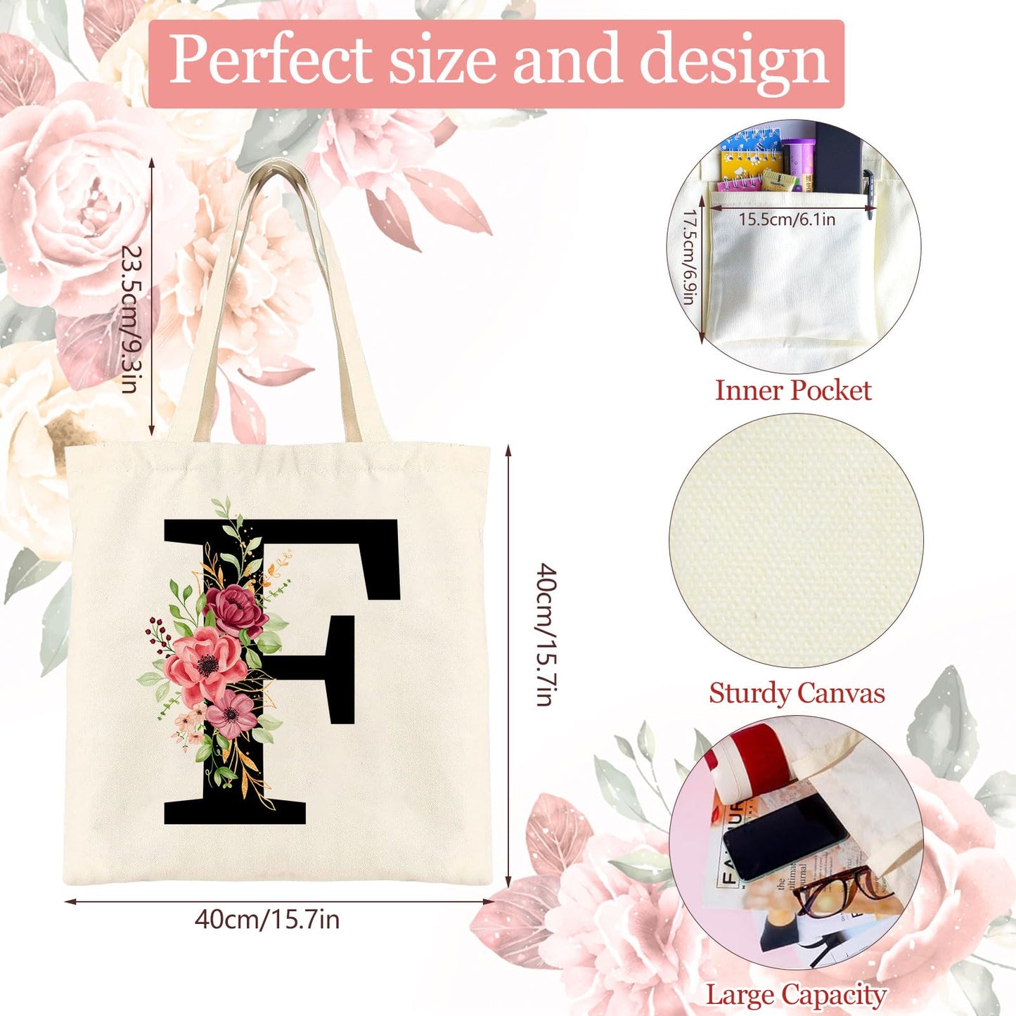 Bolsa personalizada con inicial floral – Flores, letra y mucho espacio