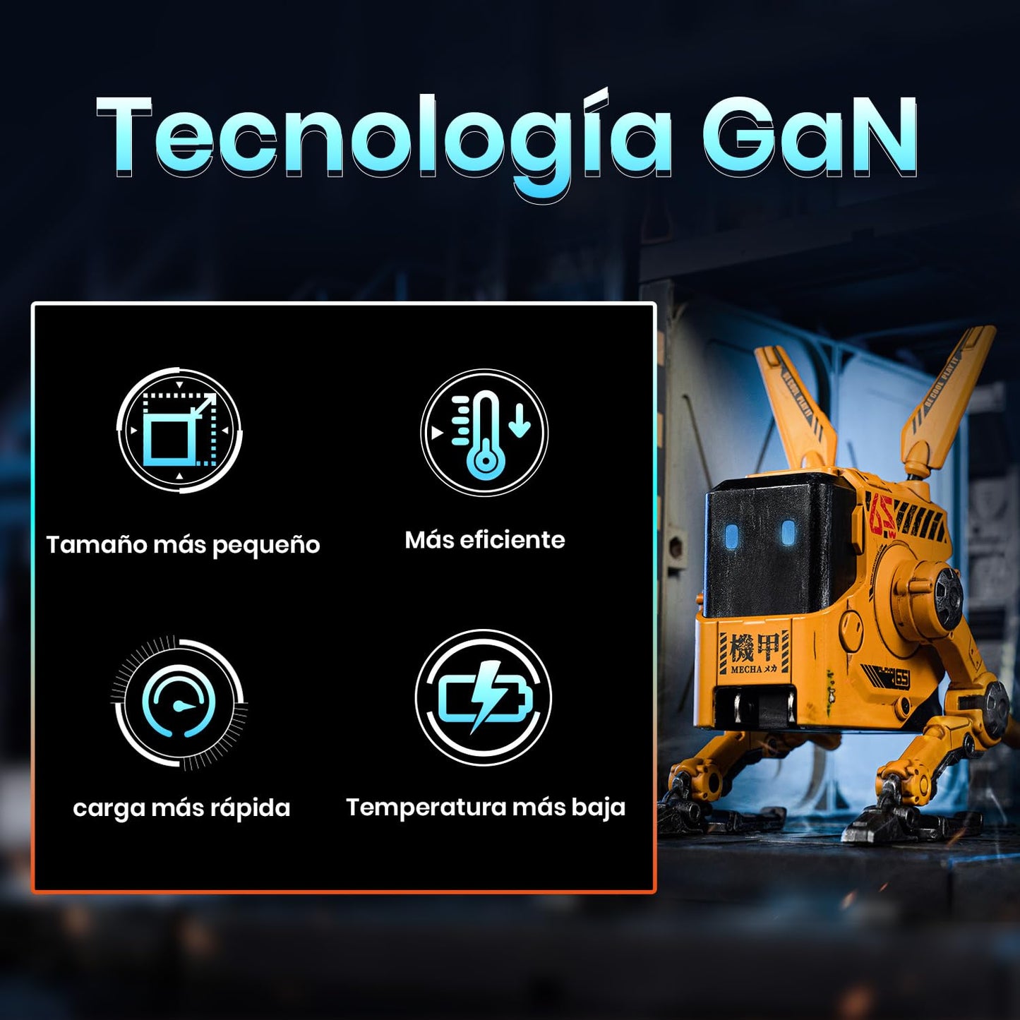 Cargador robot 65W – Diseño sci-fi con triple conexión y carga rápida