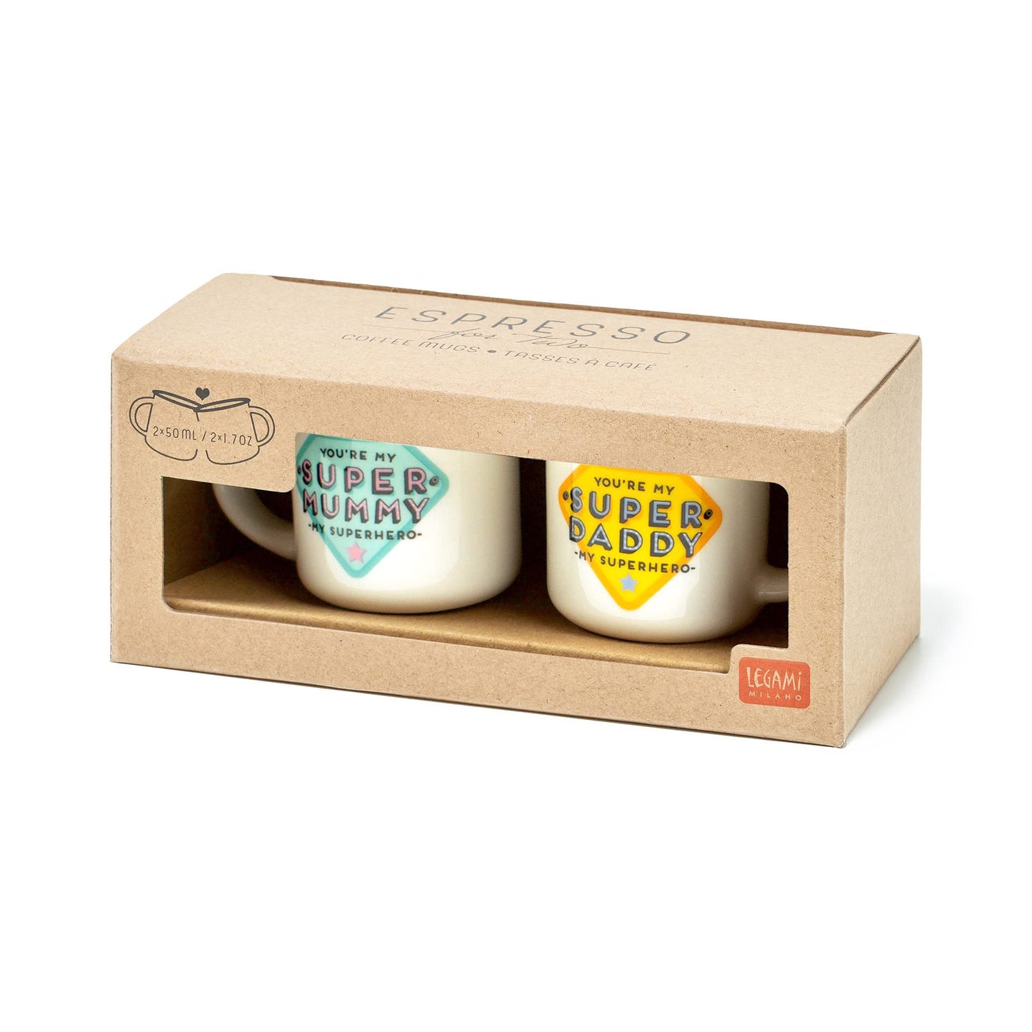 Set espresso Super Mummy & Super Daddy – Para papás y mamás con capa invisible