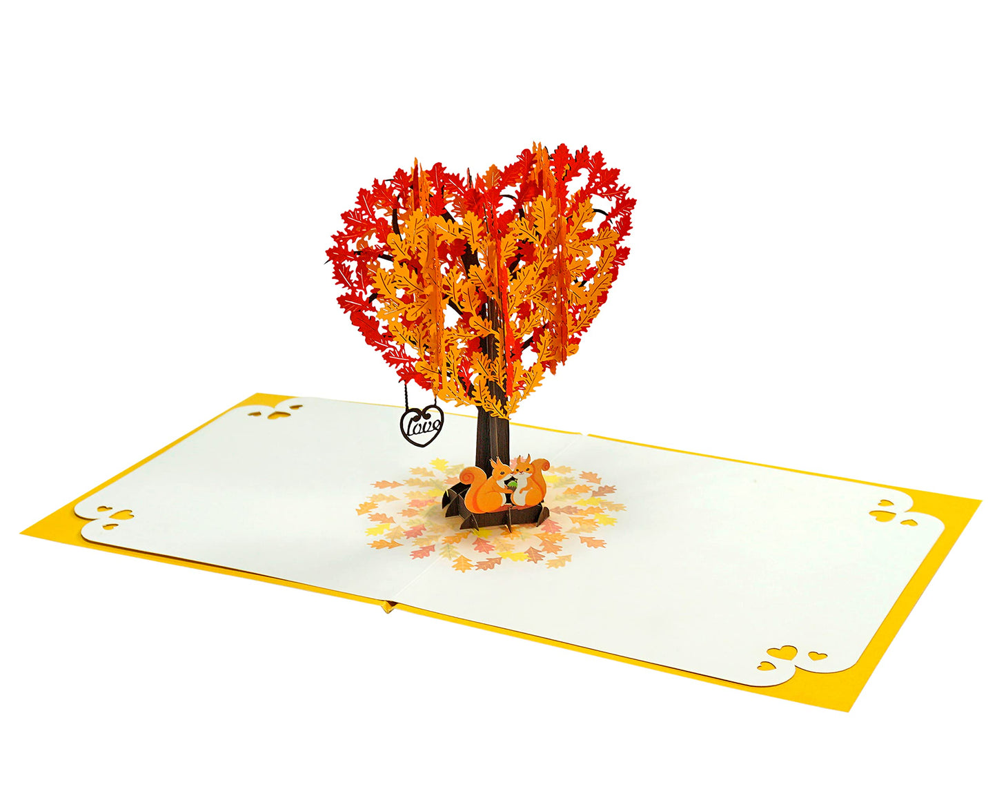 Tarjeta ardillas 3D – Otoño de corazones