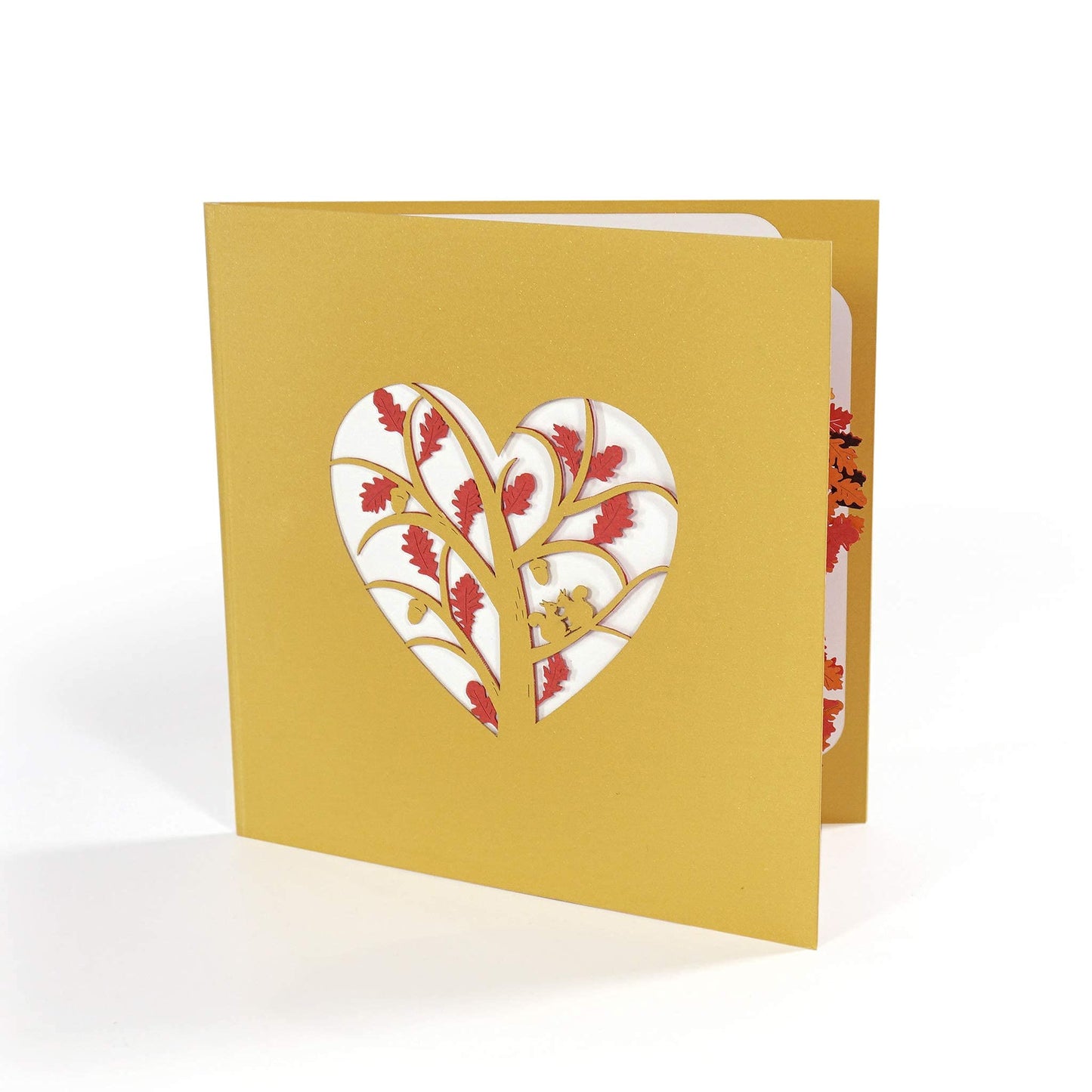 Tarjeta ardillas 3D – Otoño de corazones
