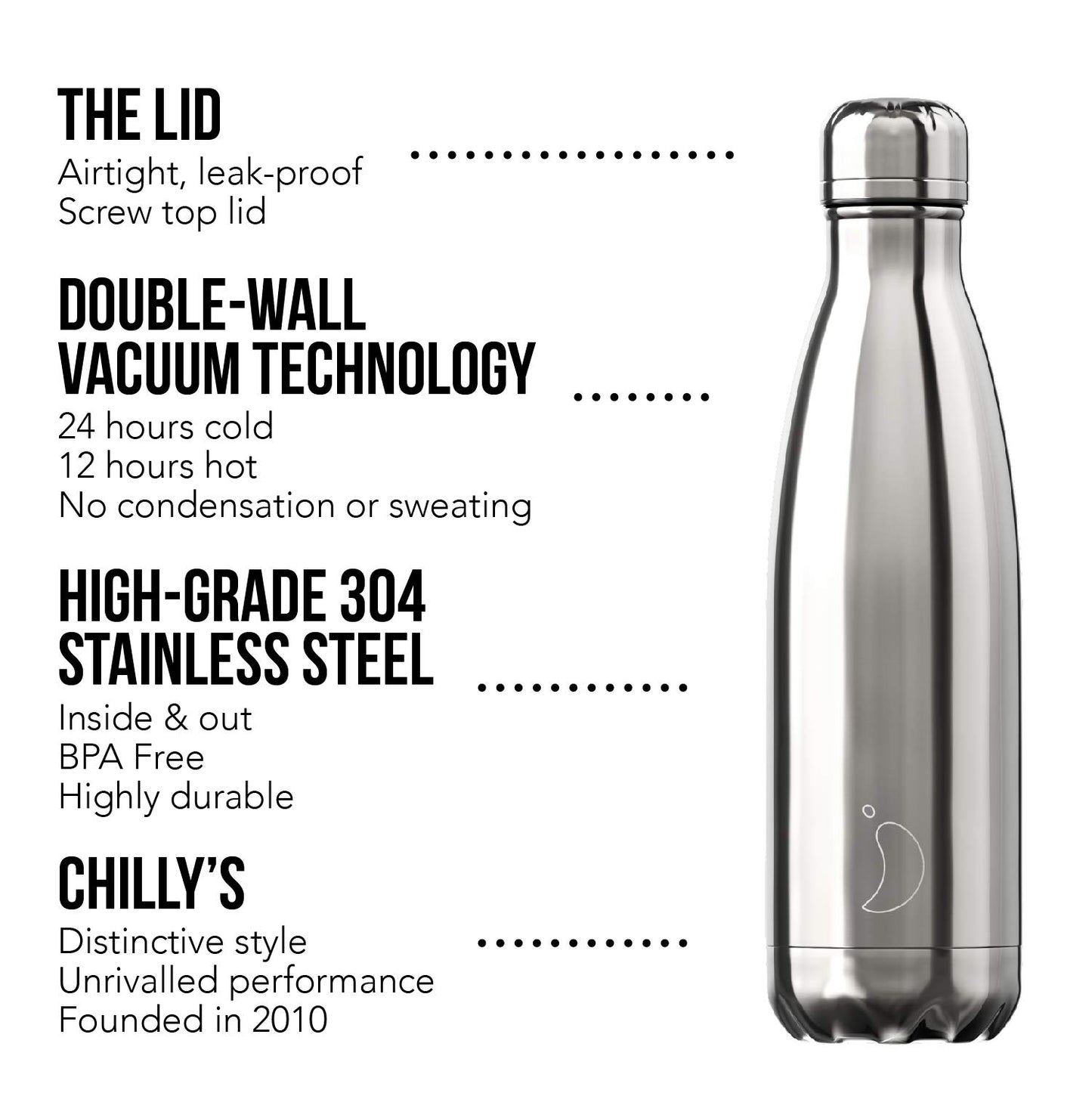 Botella De Agua De Chilly's - Acero Inoxidable y Reutilizable - Prueba de Fugas, Libre de transpiración - Acero Inoxidable - 500ml
