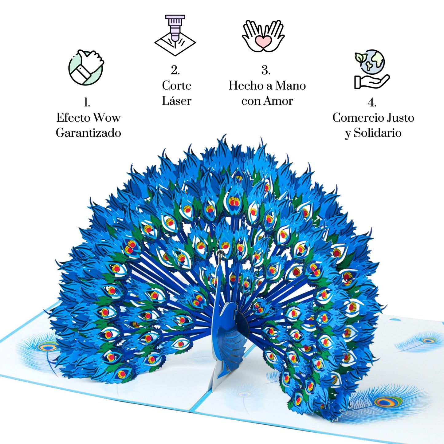 Tarjeta pavo real 3D – Orgullo, plumas y mensaje