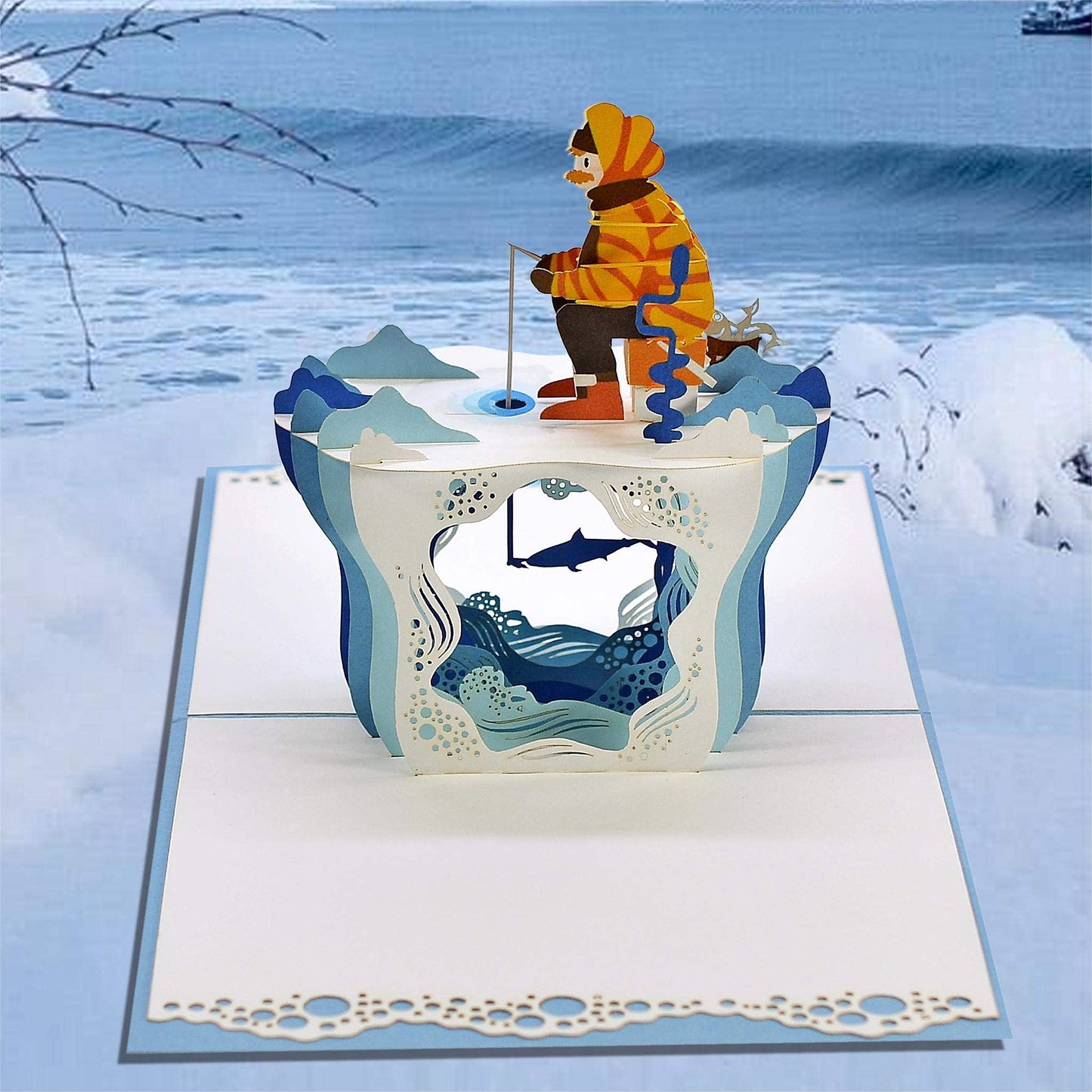 Tarjeta pescador 3D – Amor paciente con caña en mano