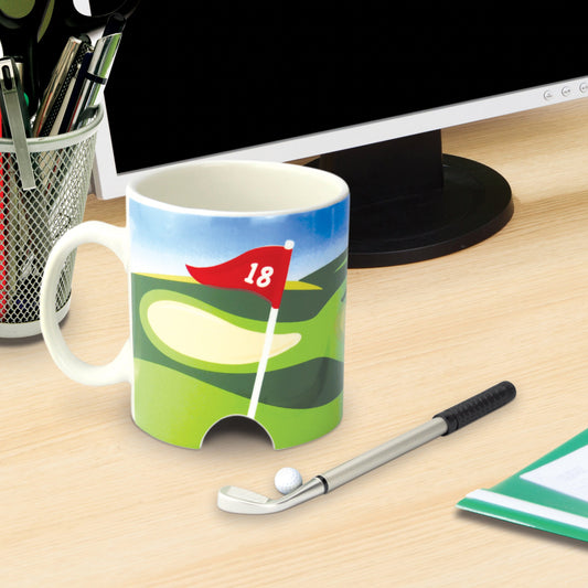 Taza con minigolf – Tu descanso tiene hoyo 18