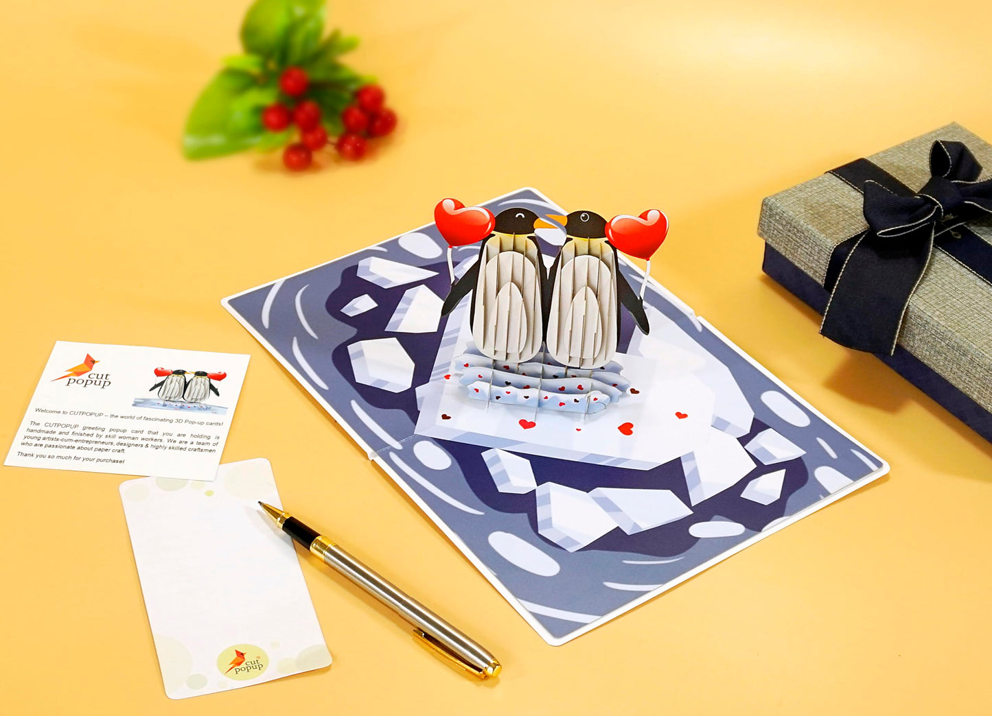 Tarjeta pingüinos 3D – Juntos, incluso en el hielo