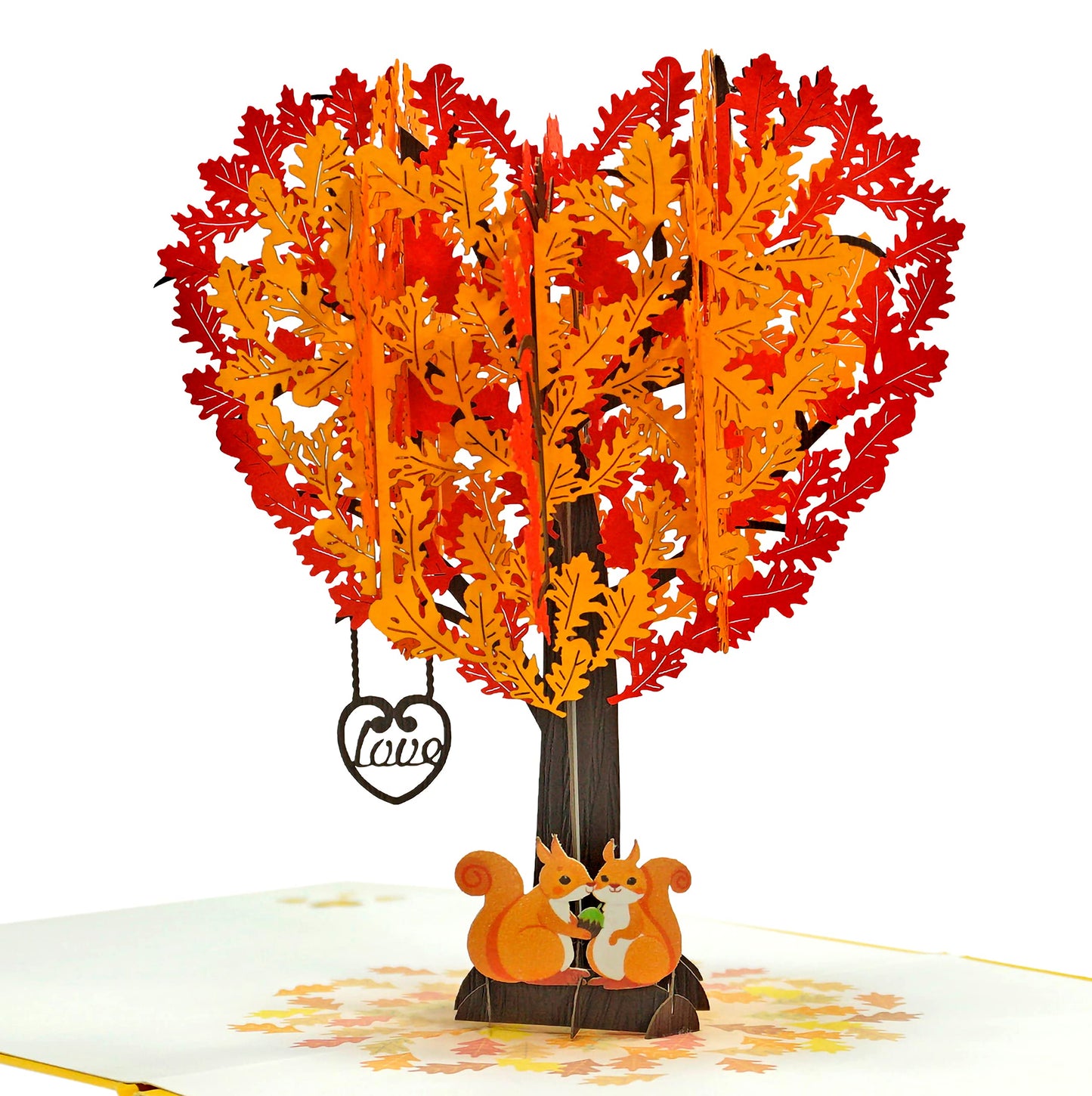 Tarjeta ardillas 3D – Otoño de corazones
