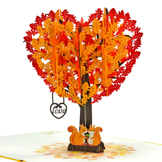 Tarjeta ardillas 3D – Otoño de corazones