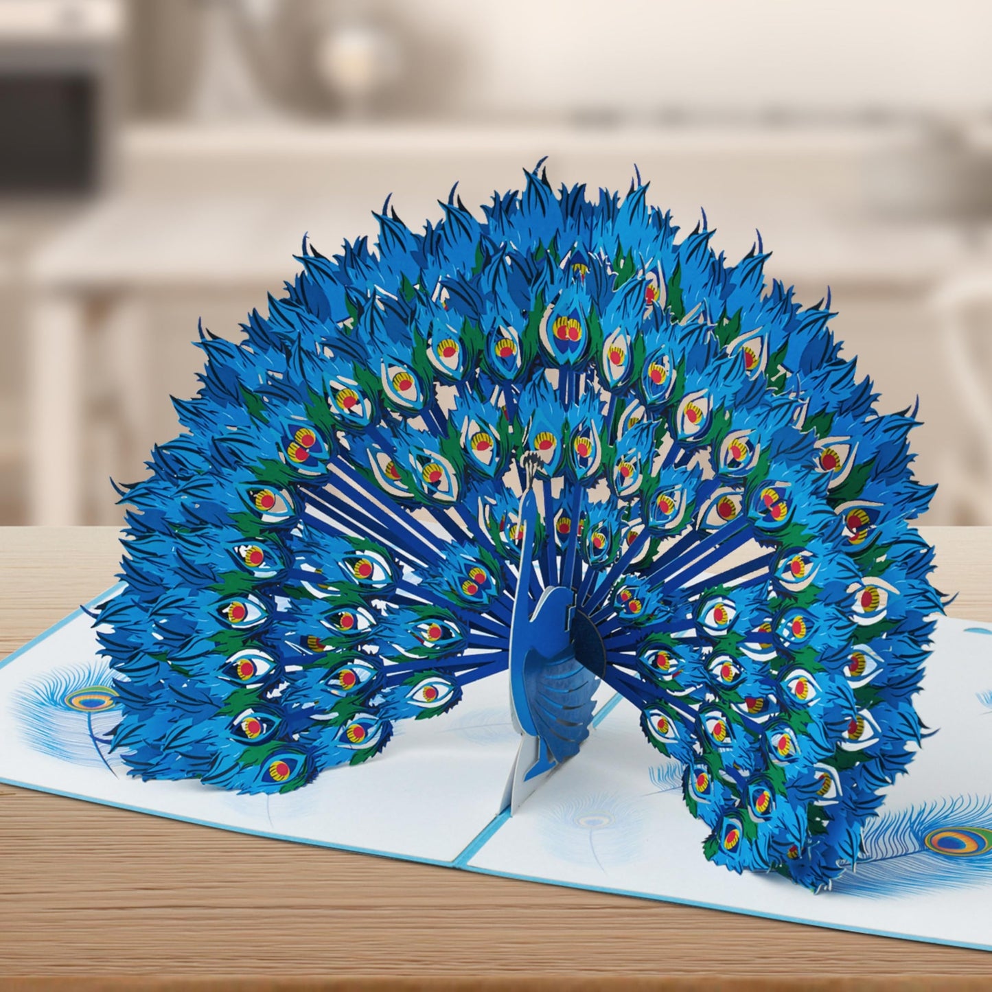 Tarjeta pavo real 3D – Orgullo, plumas y mensaje