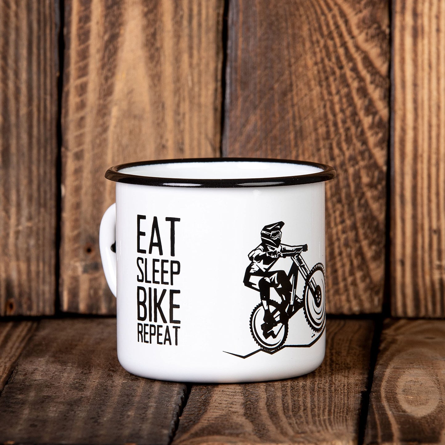 Eat. Sleep. Bike. Repeat. – Taza esmaltada MTB