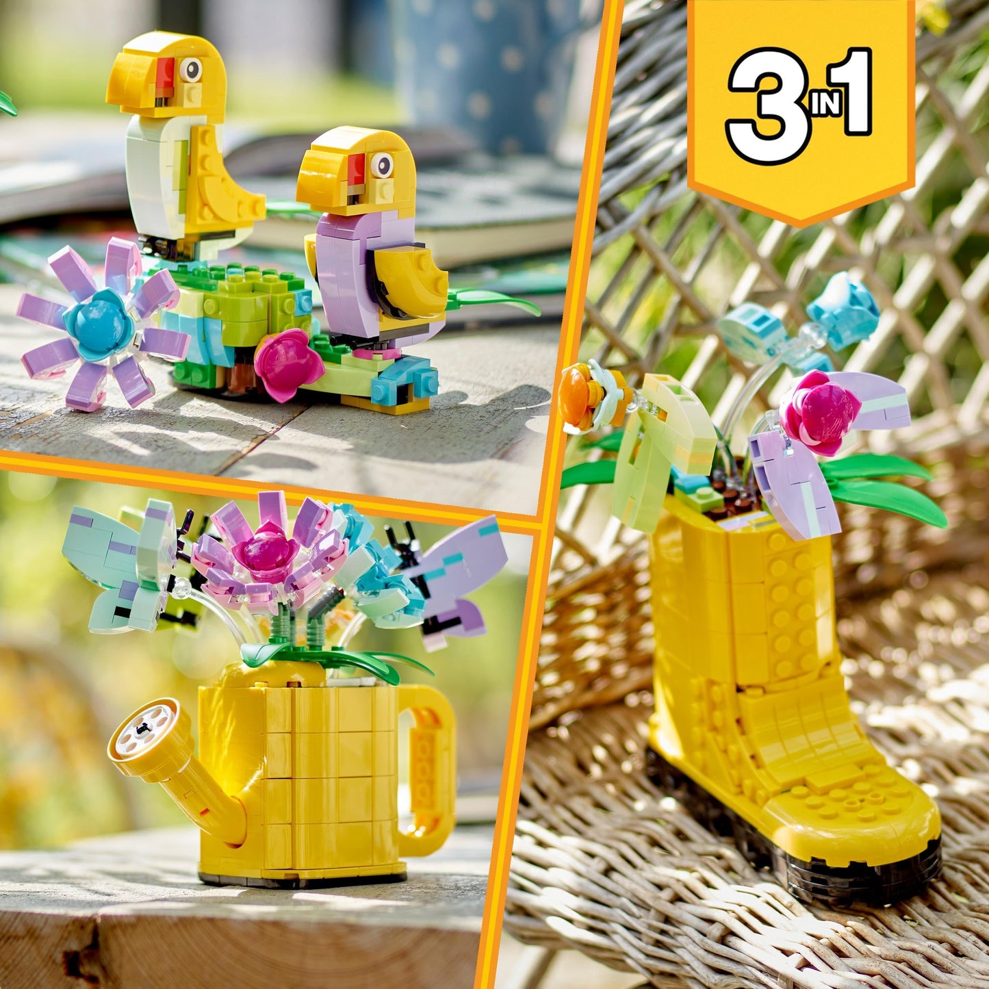 Flores en regadera 3 en 1 LEGO – Bota, aves y pétalos que cobran vida