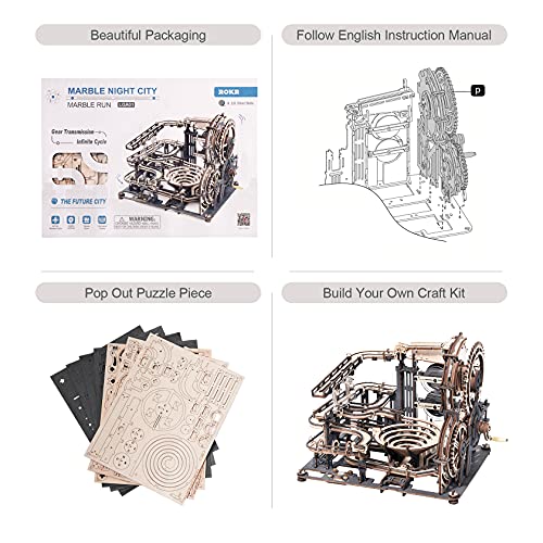 Puzzle 3D Marble Run ciudad de noche – Canicas, engranajes y espectáculo mecánico