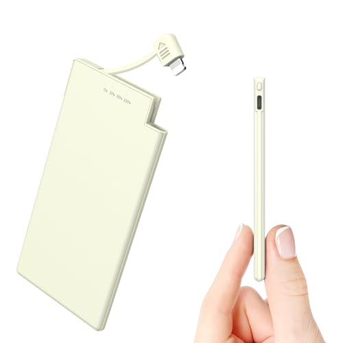 Batería Externa Auskang Power Bank de 5000mAh con Cable de Carga Incorporado - Ultra Delgada y Súper Ligera - Powerbank Compatible con iPhone (Excepto Serie 15) - Blanco