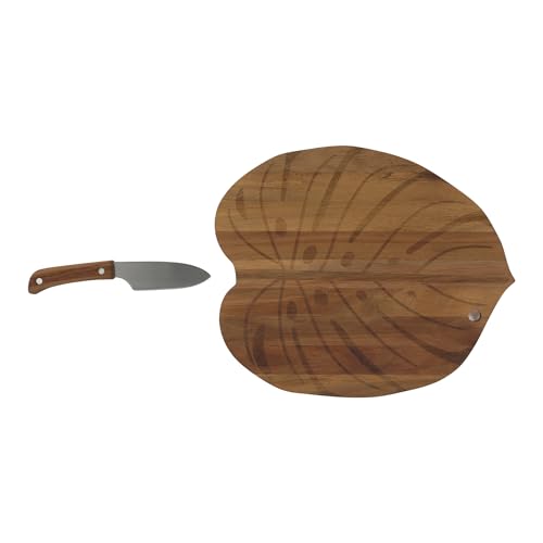 DOIY - Tabla de Cortar y Servir - Tabla de Madera para Quesos - Diseño de Hoja de Planta Monstera - Incluye 1 Cuchillo para Cortar - Accesorios de Cocina Originales - Tabla de Cocina - 41x28x1,5 cm