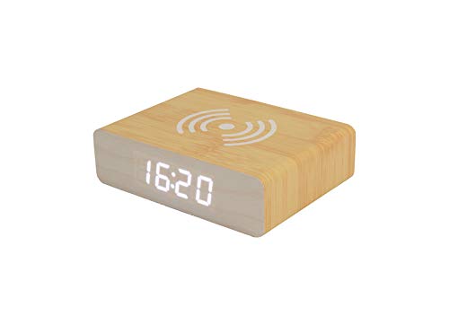 Fisura – Despertador Cargador inalámbrico Reloj con luz de LED Nocturna Regulable. Despertador con Cable USB. Medidas : 10,5 x 8 centímetros. (Madera)