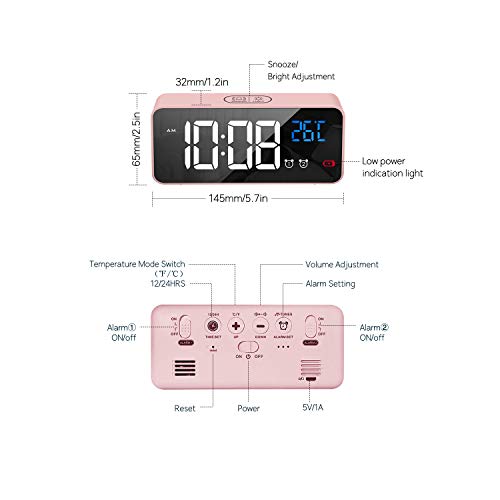 HOMVILLA Reloj Despertador Digital con Pantalla LED de Temperatura, Alarma de Espejo Portátil con Alarma Doble Tiempo de Repetición 4 Niveles de Brillo Regulable Dimmer 10 Música Puerto de Carga USB