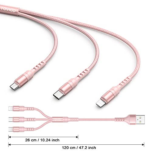 RAVIAD 3 en 1 Multi Cable de Carga 1.2M, Multi USB Cargador Nylon Cable Múltiples Micro USB Tipo C Compatible con Android Samsung Galaxy S10/S9/S8/S7, Huawei P30/P20, Redmi, OnePlus- Rosa