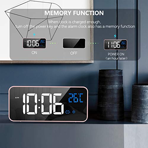 HOMVILLA Reloj Despertador Digital con Pantalla LED de Temperatura, Alarma de Espejo Portátil con Alarma Doble Tiempo de Repetición 4 Niveles de Brillo Regulable Dimmer 10 Música Puerto de Carga USB