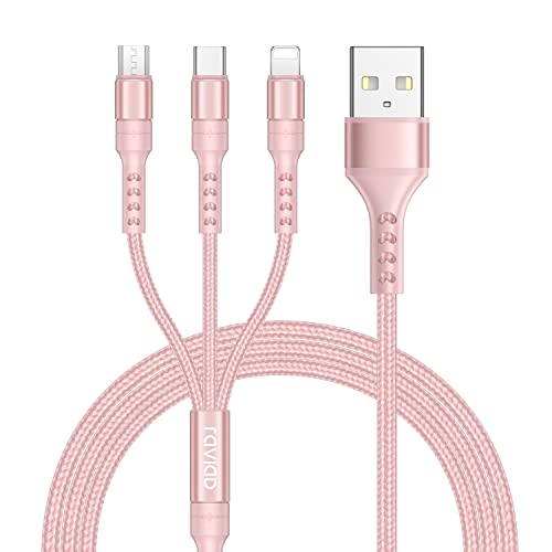 RAVIAD 3 en 1 Multi Cable de Carga 1.2M, Multi USB Cargador Nylon Cable Múltiples Micro USB Tipo C Compatible con Android Samsung Galaxy S10/S9/S8/S7, Huawei P30/P20, Redmi, OnePlus- Rosa