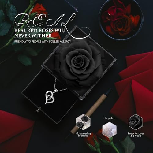 GOICC Rosa Eterna Natural Preservada con Collar Regalos Originales para Mujer Mama Novia Hermana Abuela Caja Regalo(Negro)