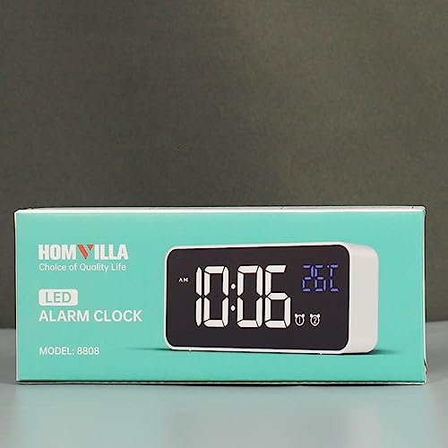 HOMVILLA Reloj Despertador Digital con Pantalla LED de Temperatura, Alarma de Espejo Portátil con Alarma Doble Tiempo de Repetición 4 Niveles de Brillo Regulable 10 Música Despertadores Digitales