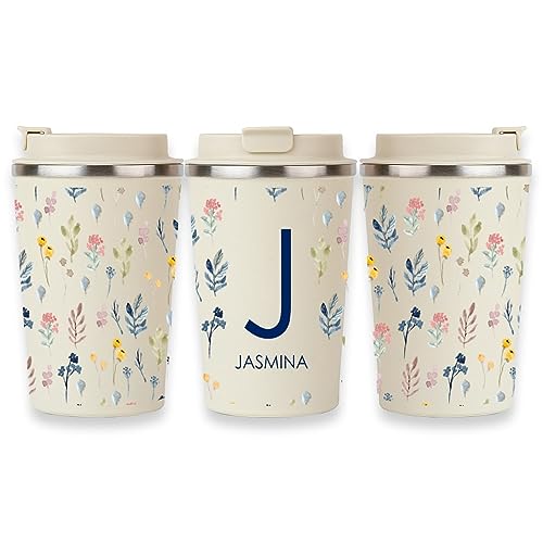 Wanapix | Termo Cafe Personalizado 350 ml | Personalizado con Nombre | Vaso Térmicos de Doble Capa | Taza para Llevar | Acero Inoxidable | Libre de BPA | Watercolor Flowery