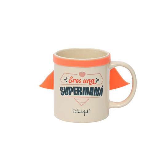 Mr. Wonderful - Taza con capa - Eres una supermamá - Regalo para mamá - Taza de Cerámica - Incluye un Textito para Rellenar