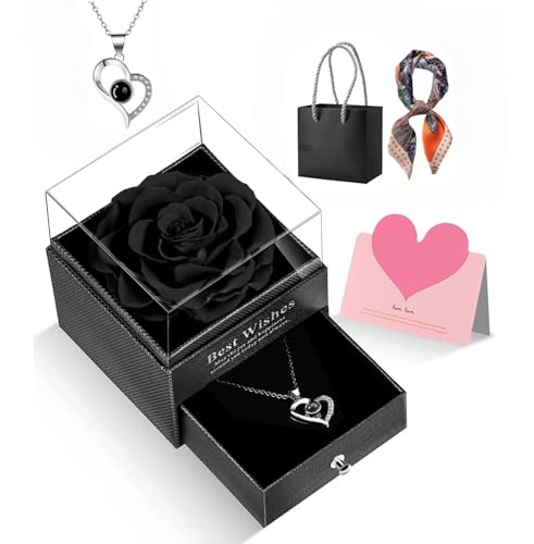 GOICC Rosa Eterna Natural Preservada con Collar Regalos Originales para Mujer Mama Novia Hermana Abuela Caja Regalo(Negro)