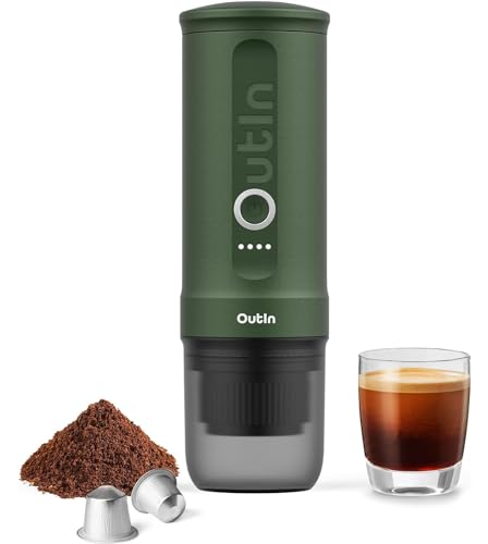 Outin Nano máquina de espresso eléctrica portátil con autocalentamiento de 3 a 4 minutos, mini cafetera pequeña de 20 bar, 12 V, 24 V, senderismo, oficina…