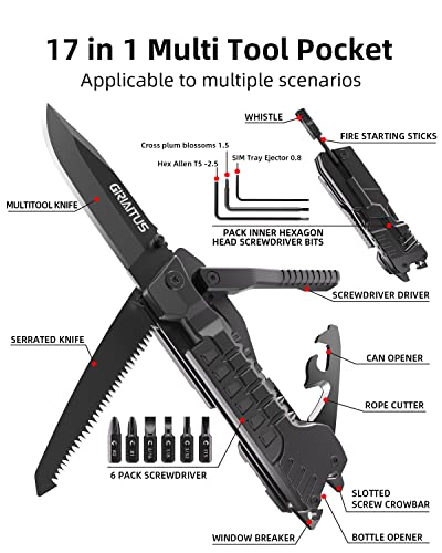 herramientas multiusos Cuchillo 17-en-1 con Palillos para Encender Fuego, Abrelatas, Sierra, Silbato, Perfecto para Acampar, al Aire Libre, Supervivencia y Uso Diario - Regalos para Hombres, Papá