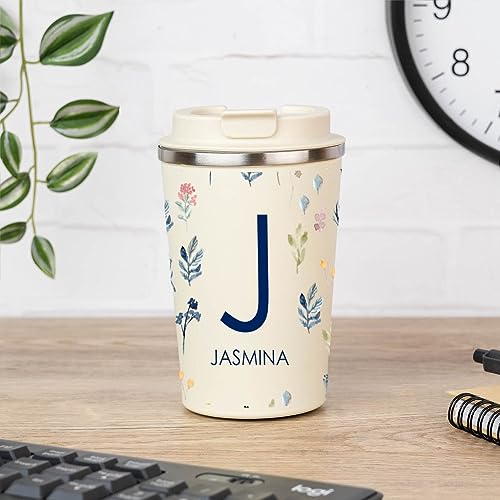 Wanapix | Termo Cafe Personalizado 350 ml | Personalizado con Nombre | Vaso Térmicos de Doble Capa | Taza para Llevar | Acero Inoxidable | Libre de BPA | Watercolor Flowery