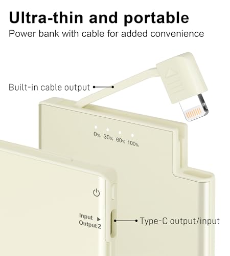 Batería Externa Auskang Power Bank de 5000mAh con Cable de Carga Incorporado - Ultra Delgada y Súper Ligera - Powerbank Compatible con iPhone (Excepto Serie 15) - Blanco