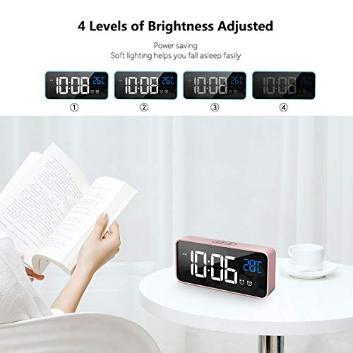 HOMVILLA Reloj Despertador Digital con Pantalla LED de Temperatura, Alarma de Espejo Portátil con Alarma Doble Tiempo de Repetición 4 Niveles de Brillo Regulable Dimmer 10 Música Puerto de Carga USB