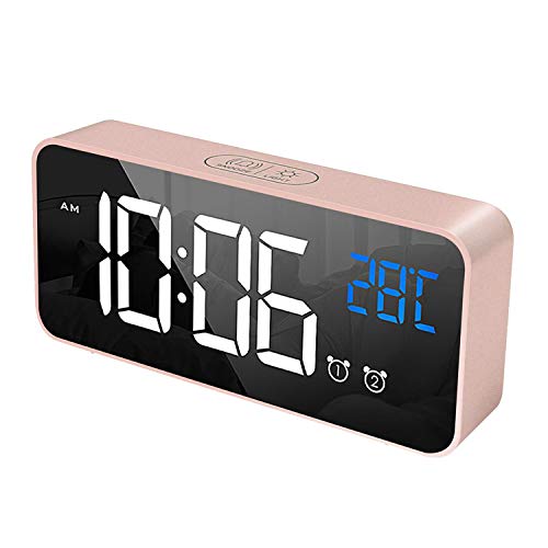 HOMVILLA Reloj Despertador Digital con Pantalla LED de Temperatura, Alarma de Espejo Portátil con Alarma Doble Tiempo de Repetición 4 Niveles de Brillo Regulable Dimmer 10 Música Puerto de Carga USB